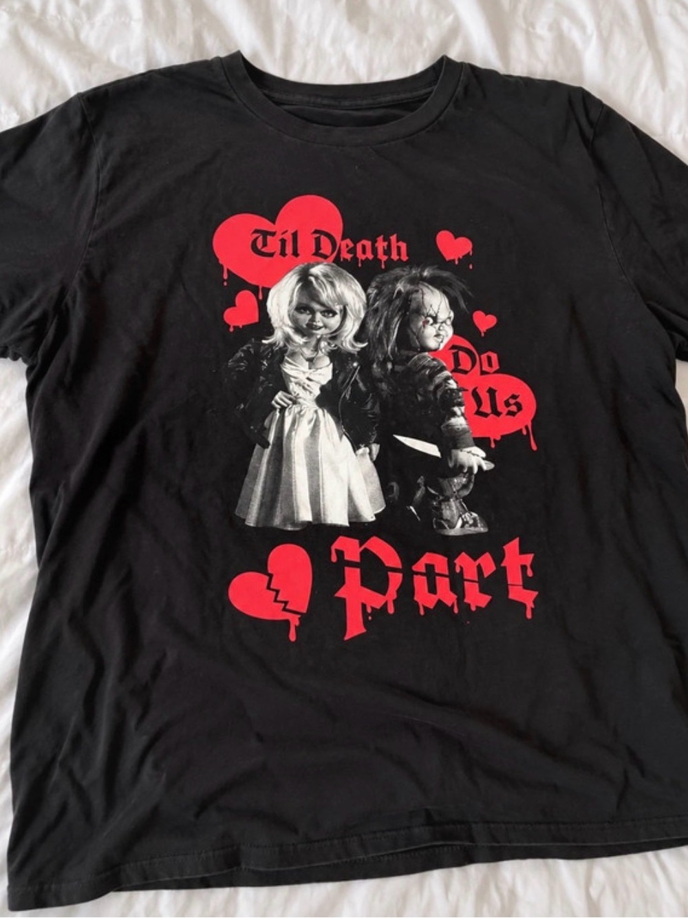 Unisex Black Graphic Chucky Tee with Red Heart Print